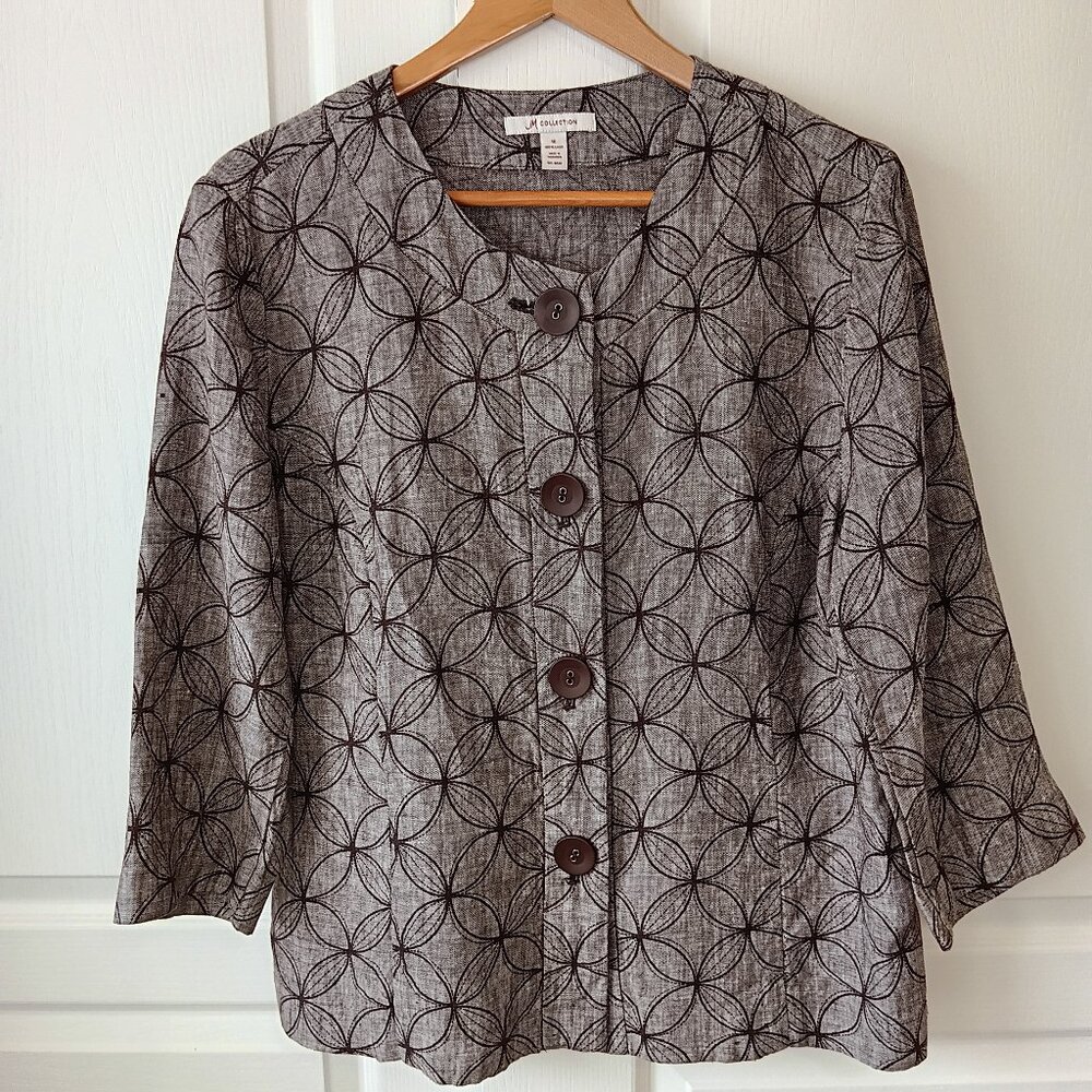 JM Collection Women's Plus Brown Linen Flower Circle Jacket Size 16